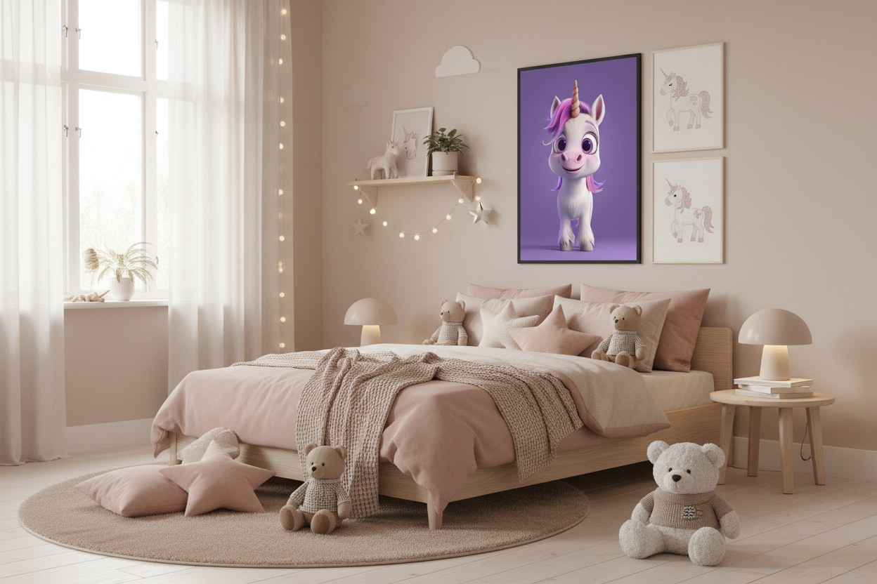 Hyggeligt børneværelse med enhjørning plakat