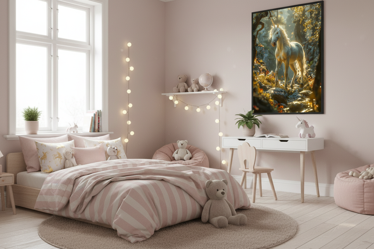 Hyggeligt børneværelse med enhjørning plakat