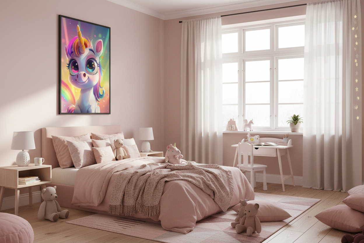 Hyggeligt børneværelse med enhjørning plakat
