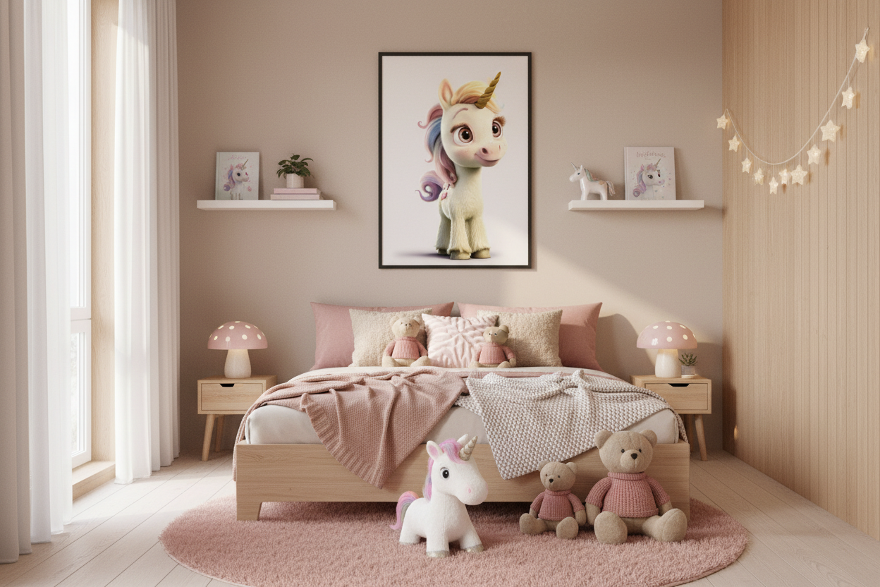 Hyggeligt børneværelse med enhjørning plakat