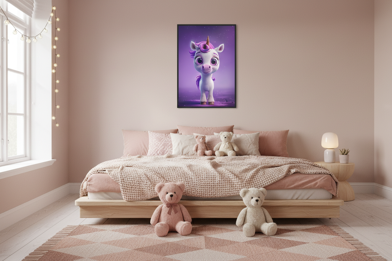 Hyggeligt børneværelse med enhjørning plakat