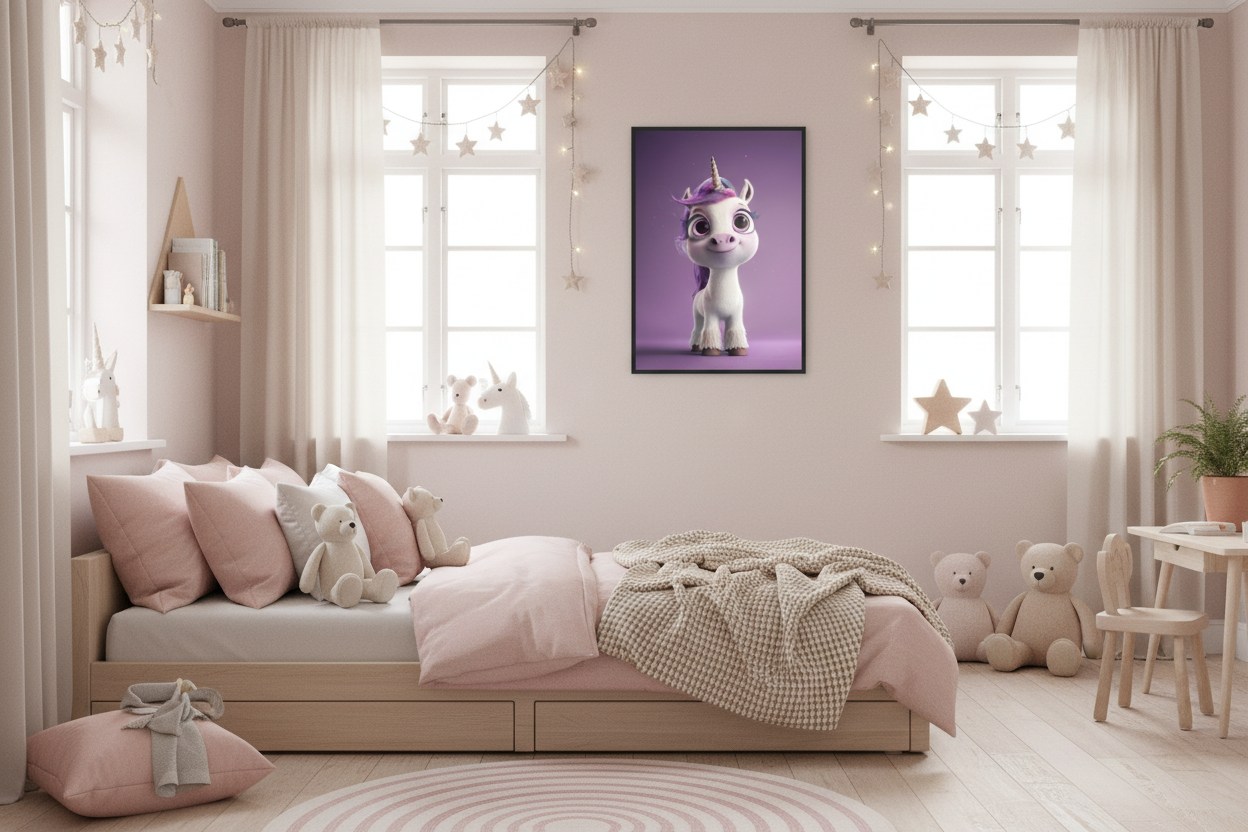 Hyggeligt børneværelse med enhjørning plakat