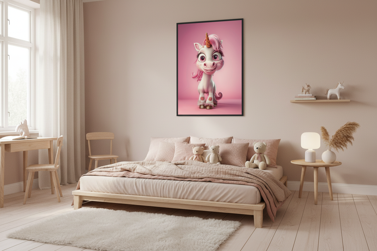 Hyggeligt børneværelse med enhjørning plakat
