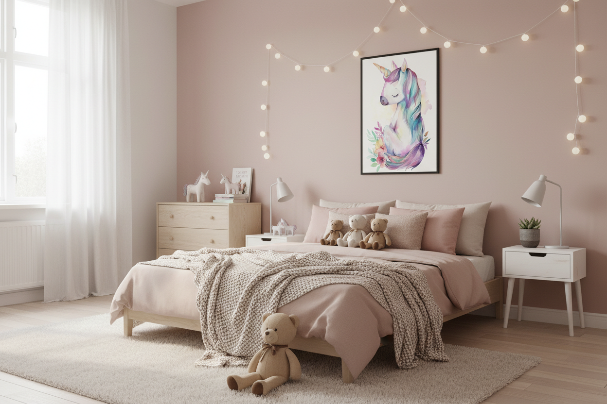 Hyggeligt børneværelse med enhjørning plakat