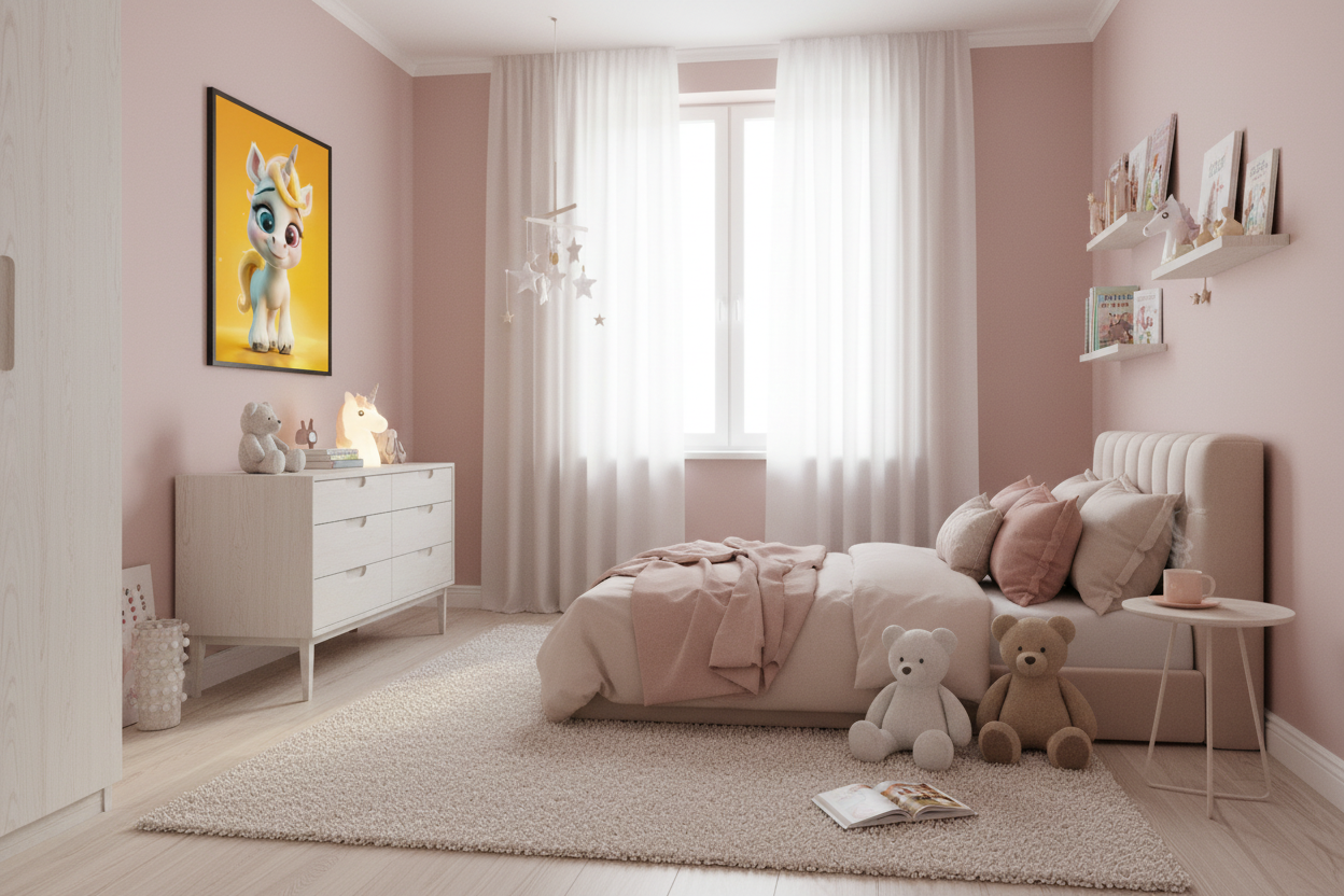 Hyggeligt børneværelse med enhjørning plakat