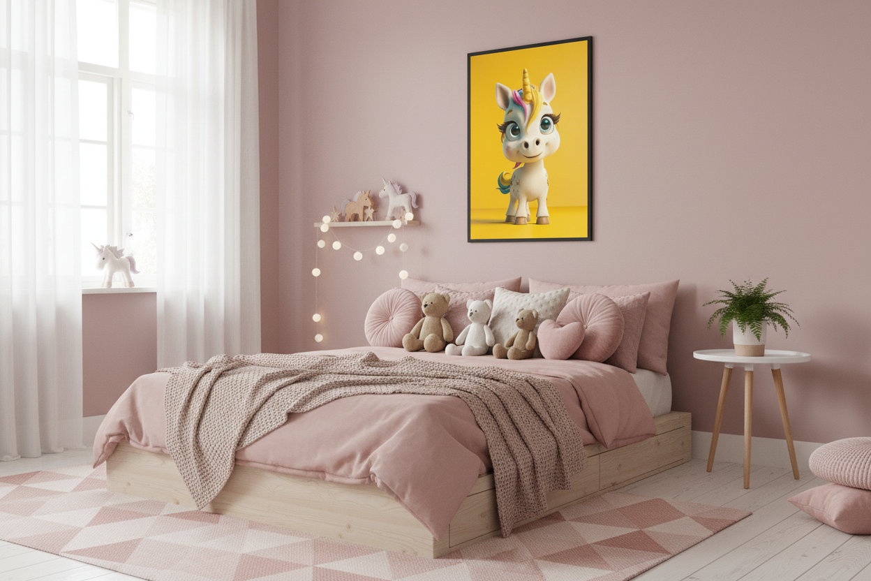 Hyggeligt børneværelse med enhjørning plakat