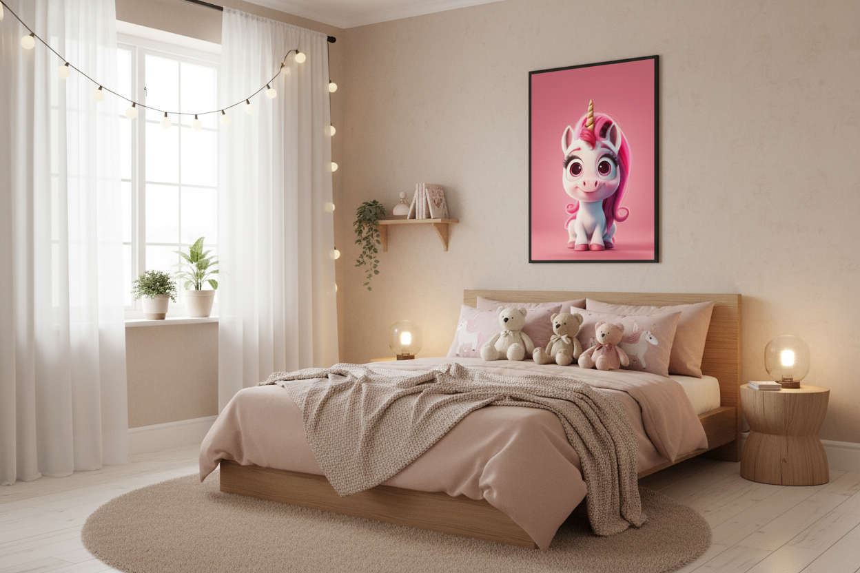 Hyggeligt børneværelse med enhjørning plakat