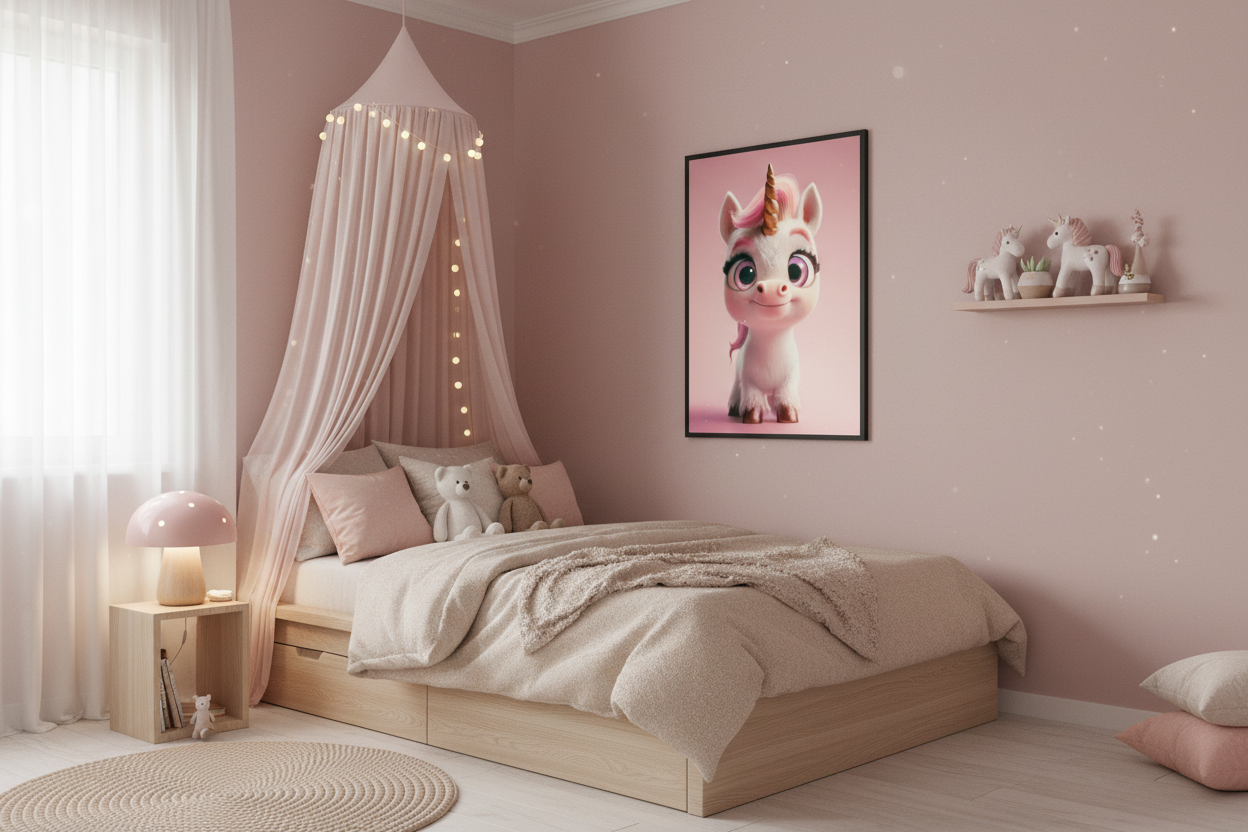 Hyggeligt børneværelse med enhjørning plakat