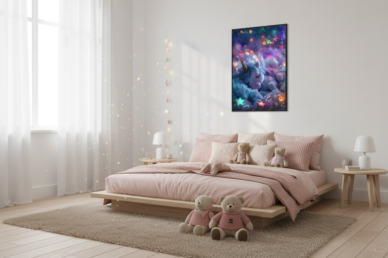 Hyggeligt børneværelse med enhjørning plakat