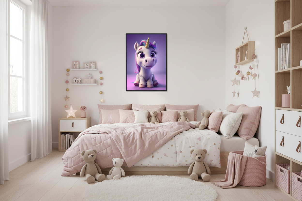 Hyggeligt børneværelse med enhjørning plakat