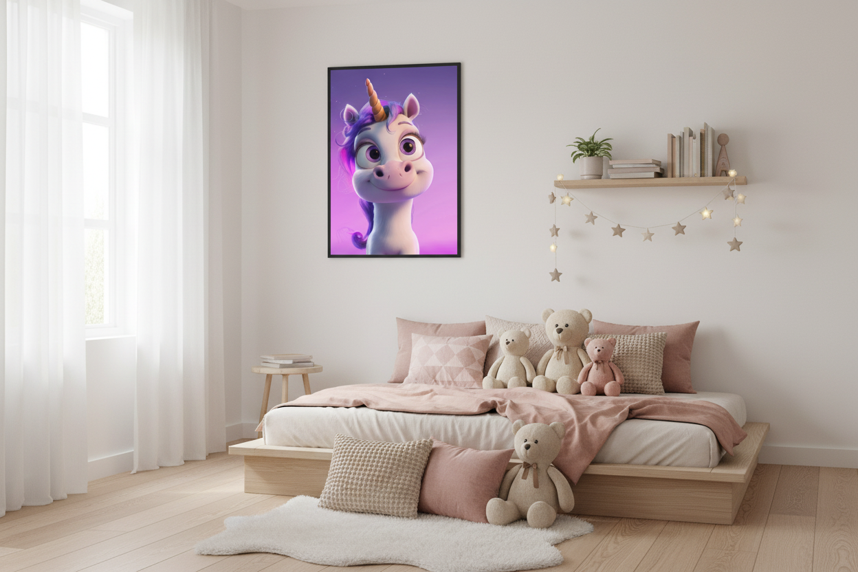 Hyggeligt børneværelse med enhjørning plakat