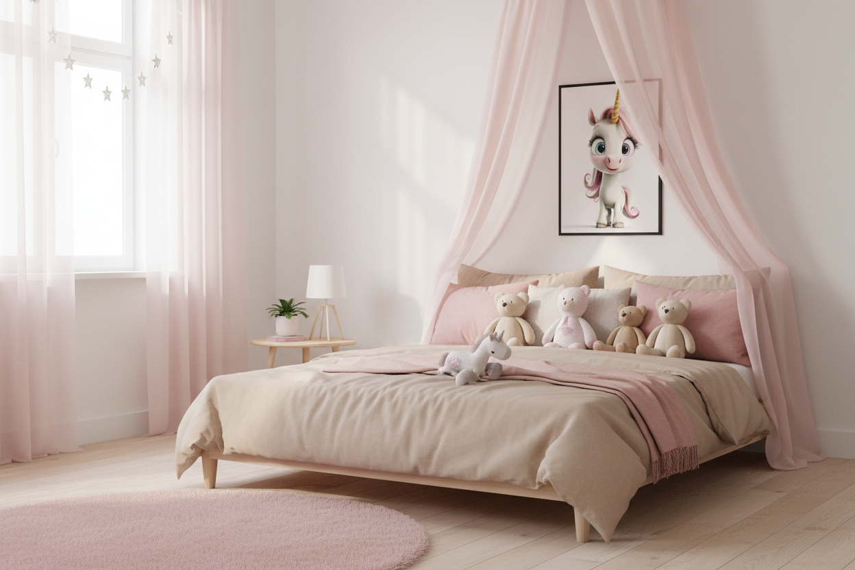 Hyggeligt børneværelse med enhjørning plakat