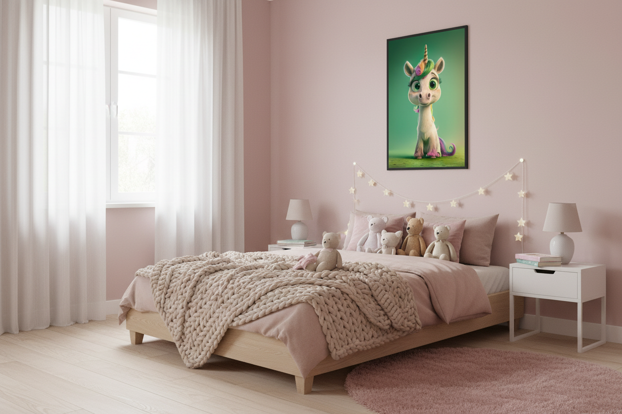 Hyggeligt børneværelse med enhjørning plakat