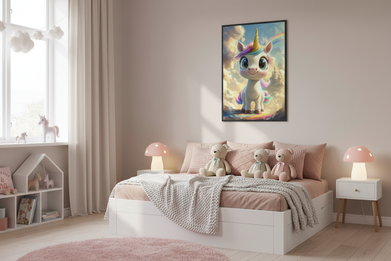 Hyggeligt børneværelse med enhjørning plakat