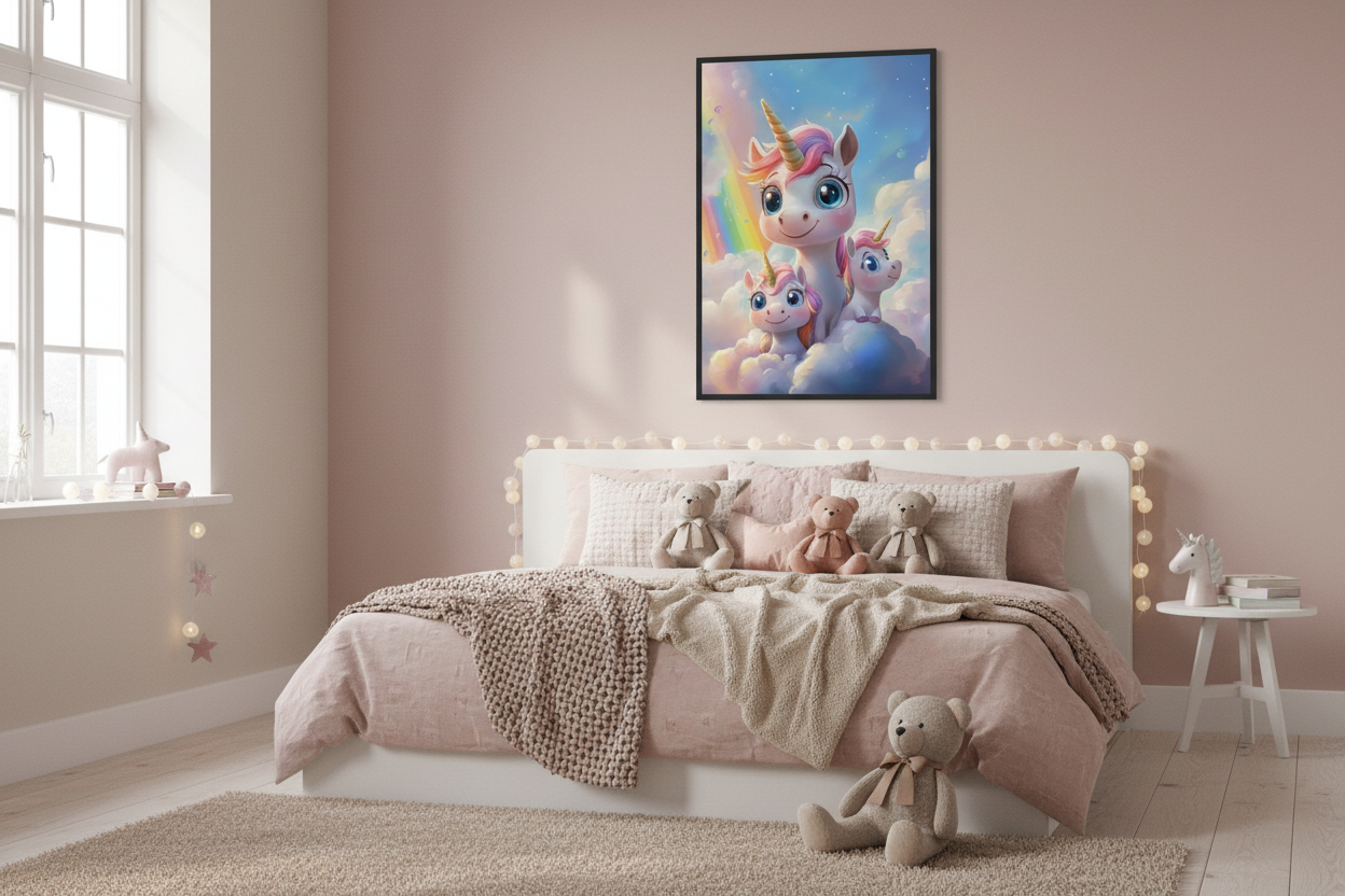 Hyggeligt børneværelse med enhjørning plakat
