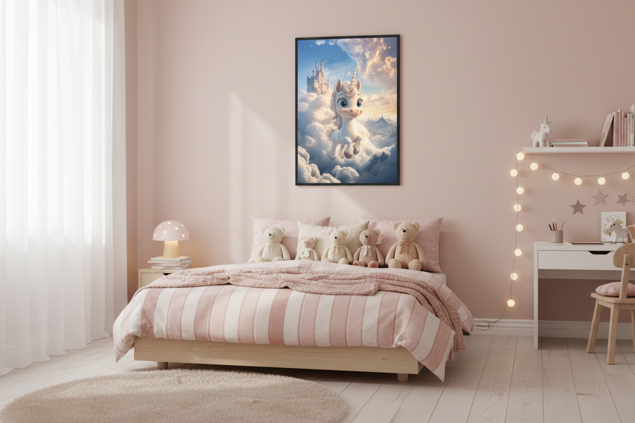 Hyggeligt børneværelse med enhjørning plakat