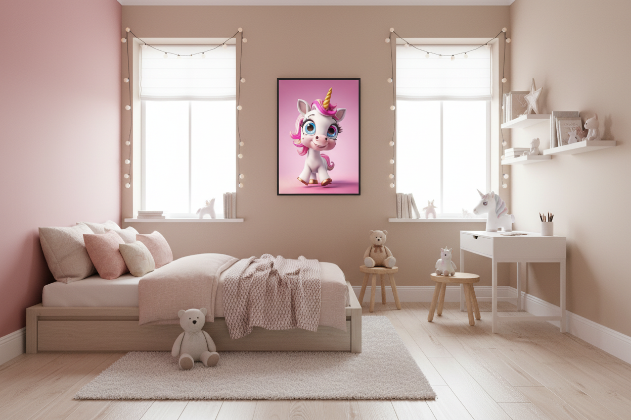 Hyggeligt børneværelse med enhjørning plakat