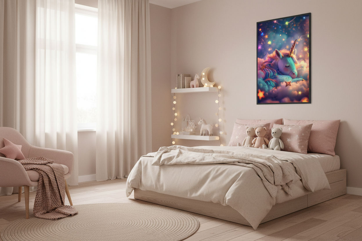 Hyggeligt børneværelse med enhjørning plakat