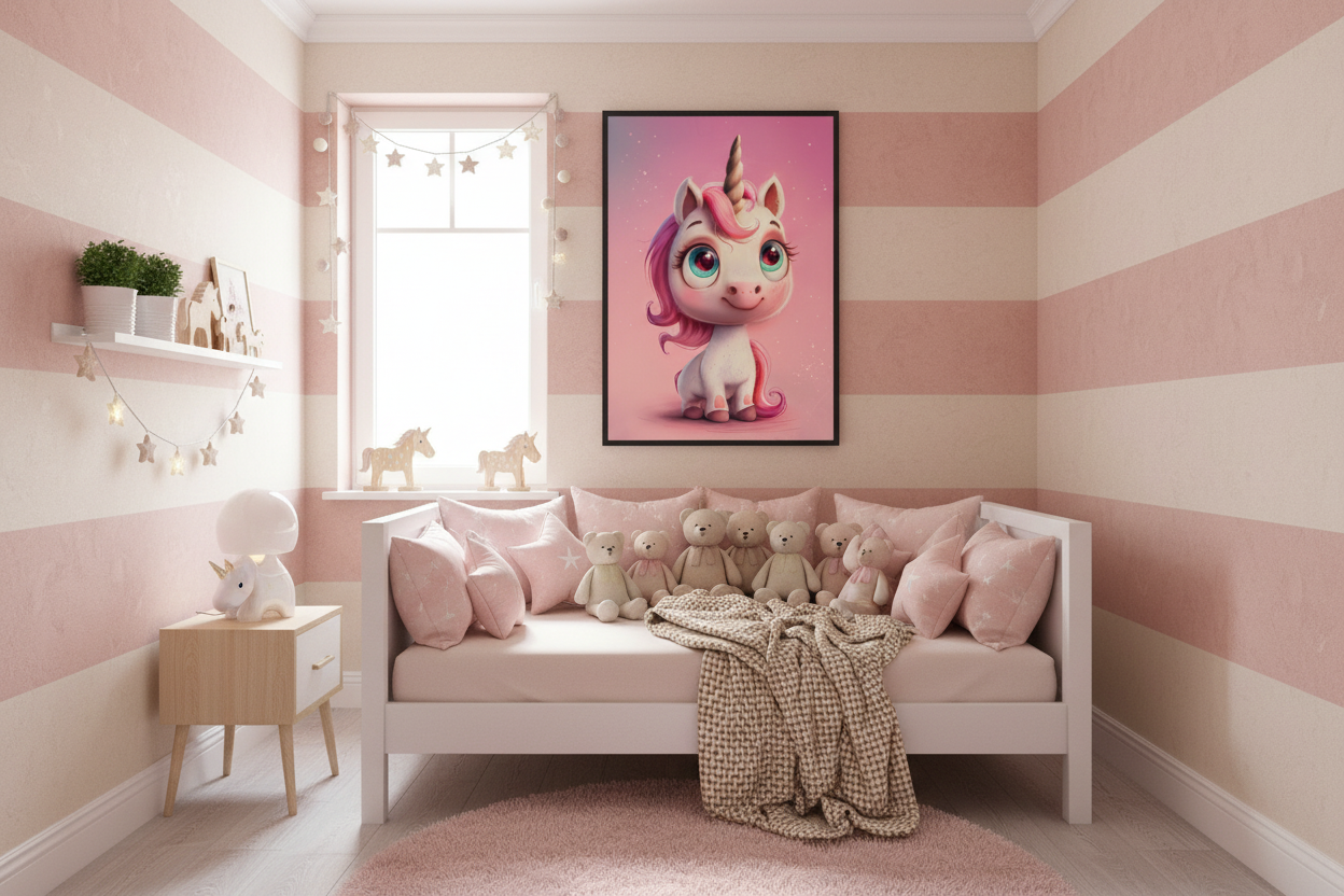 Hyggeligt børneværelse med enhjørning plakat