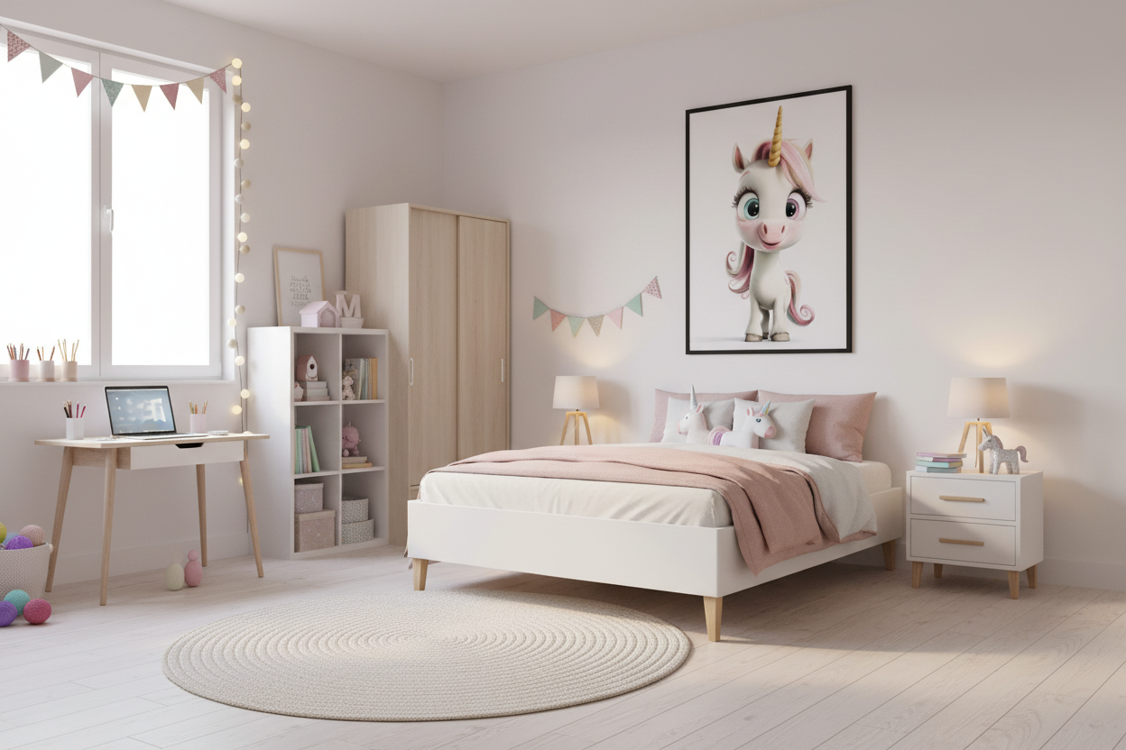 IKEA-stil børneværelse med enhjørning plakat