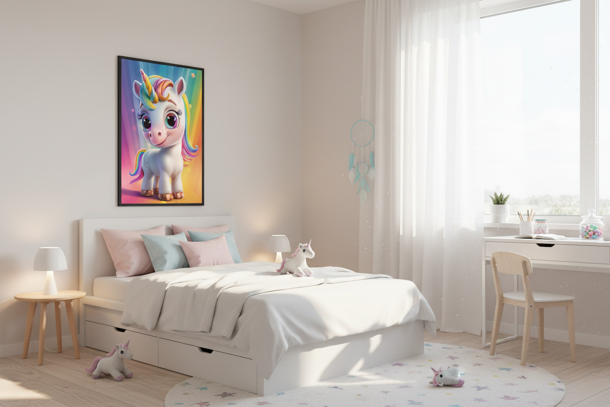 IKEA-stil børneværelse med enhjørning plakat