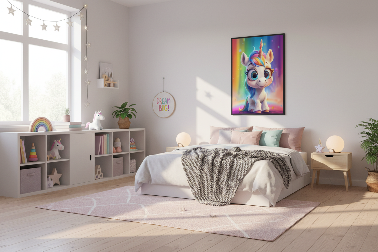 IKEA-stil børneværelse med enhjørning plakat