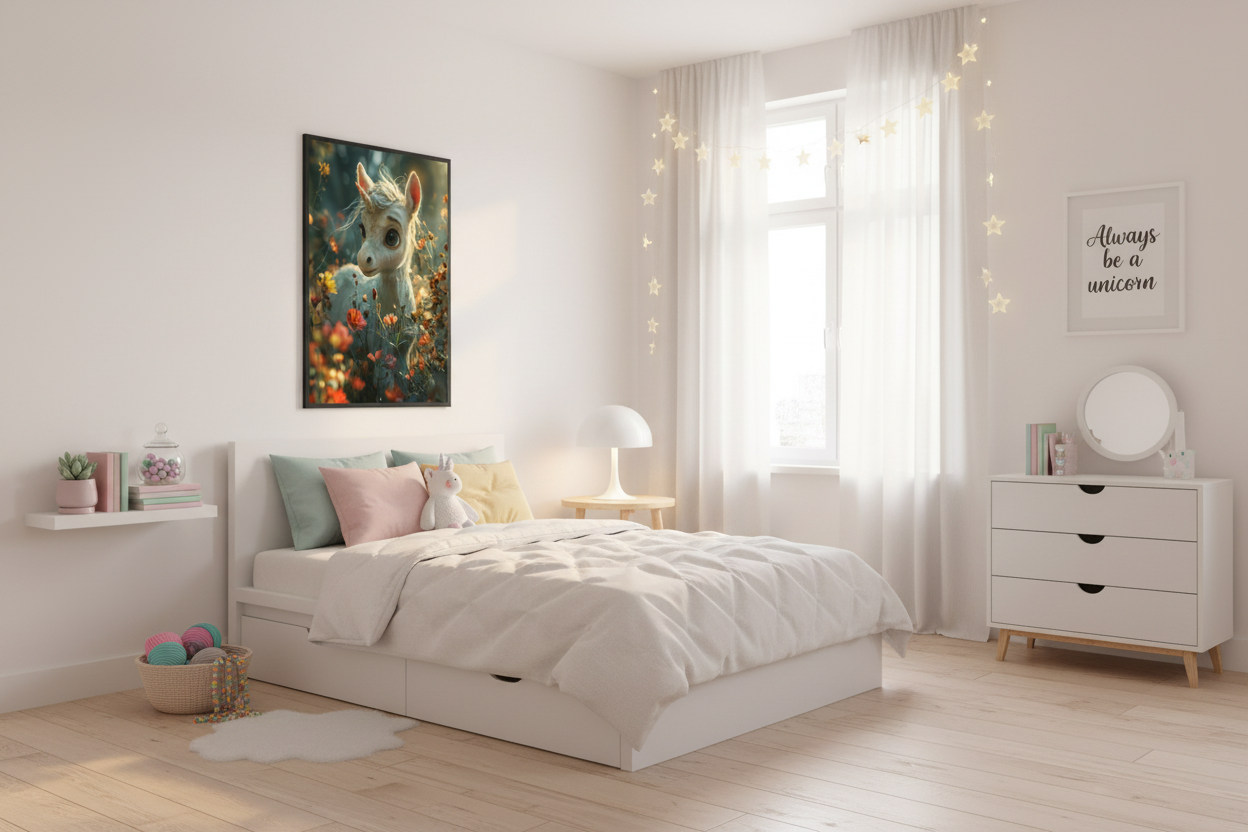 IKEA-stil børneværelse med enhjørning plakat