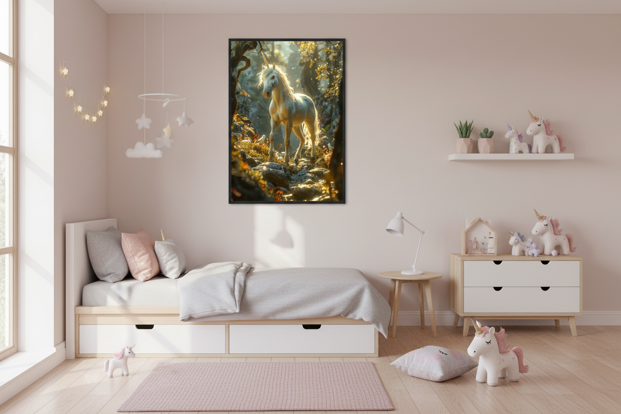 IKEA-stil børneværelse med enhjørning plakat