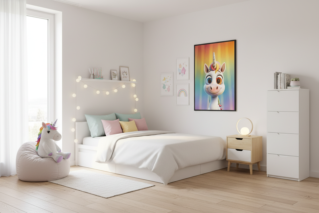 IKEA-stil børneværelse med enhjørning plakat