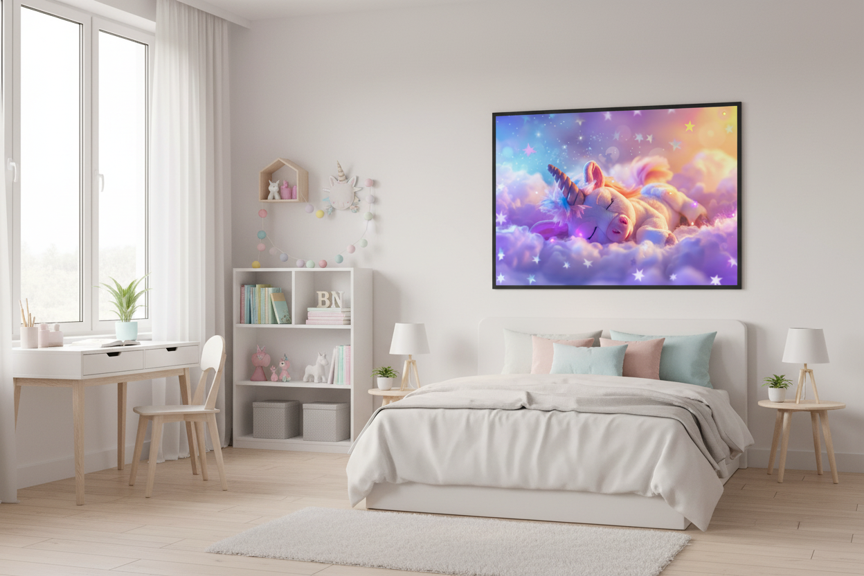 IKEA-stil børneværelse med enhjørning plakat