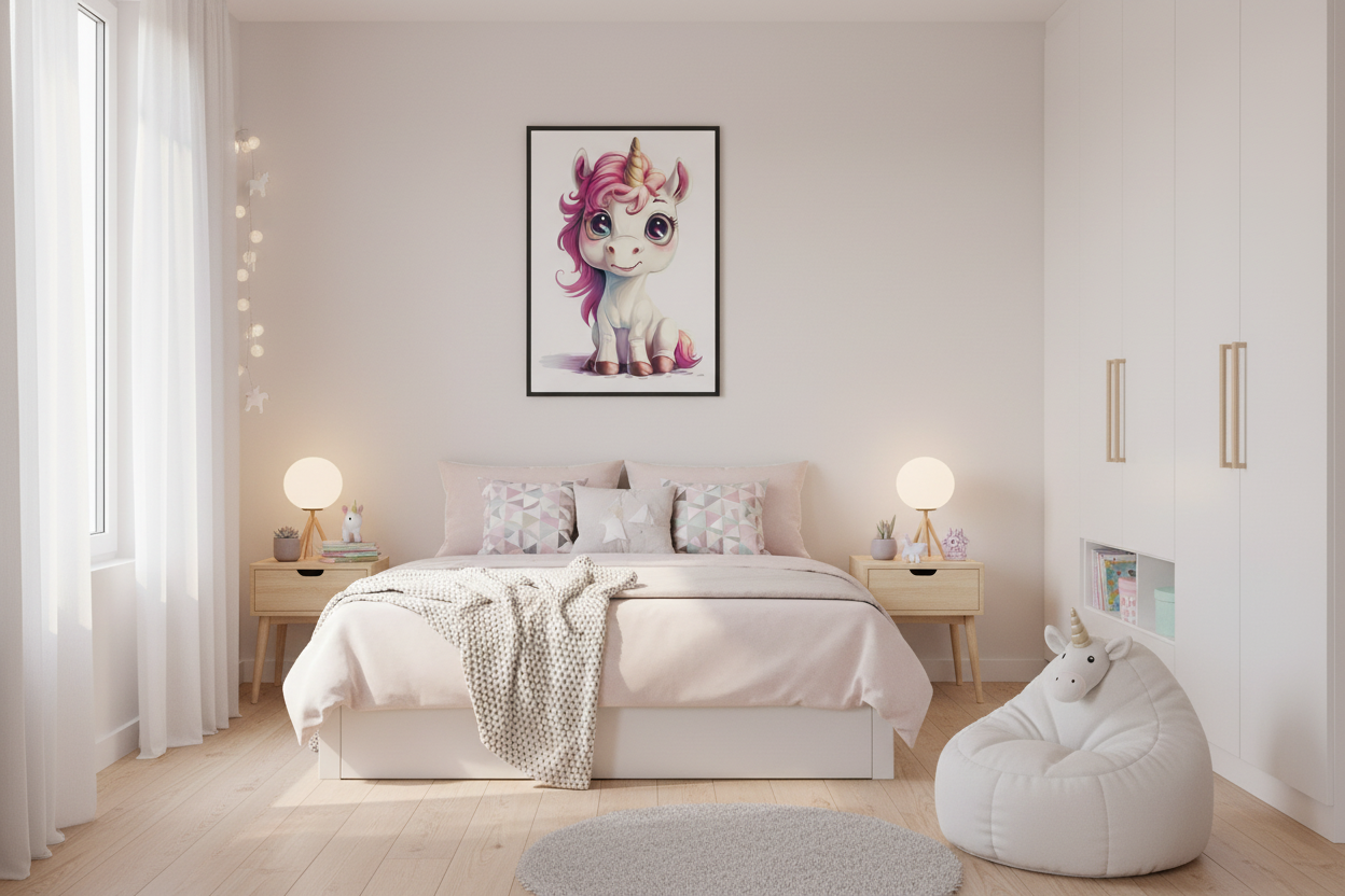 IKEA-stil børneværelse med enhjørning plakat