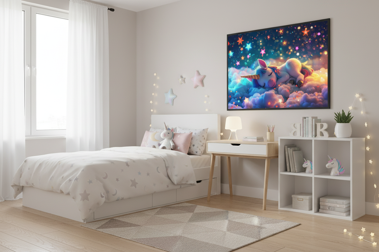 IKEA-stil børneværelse med enhjørning plakat