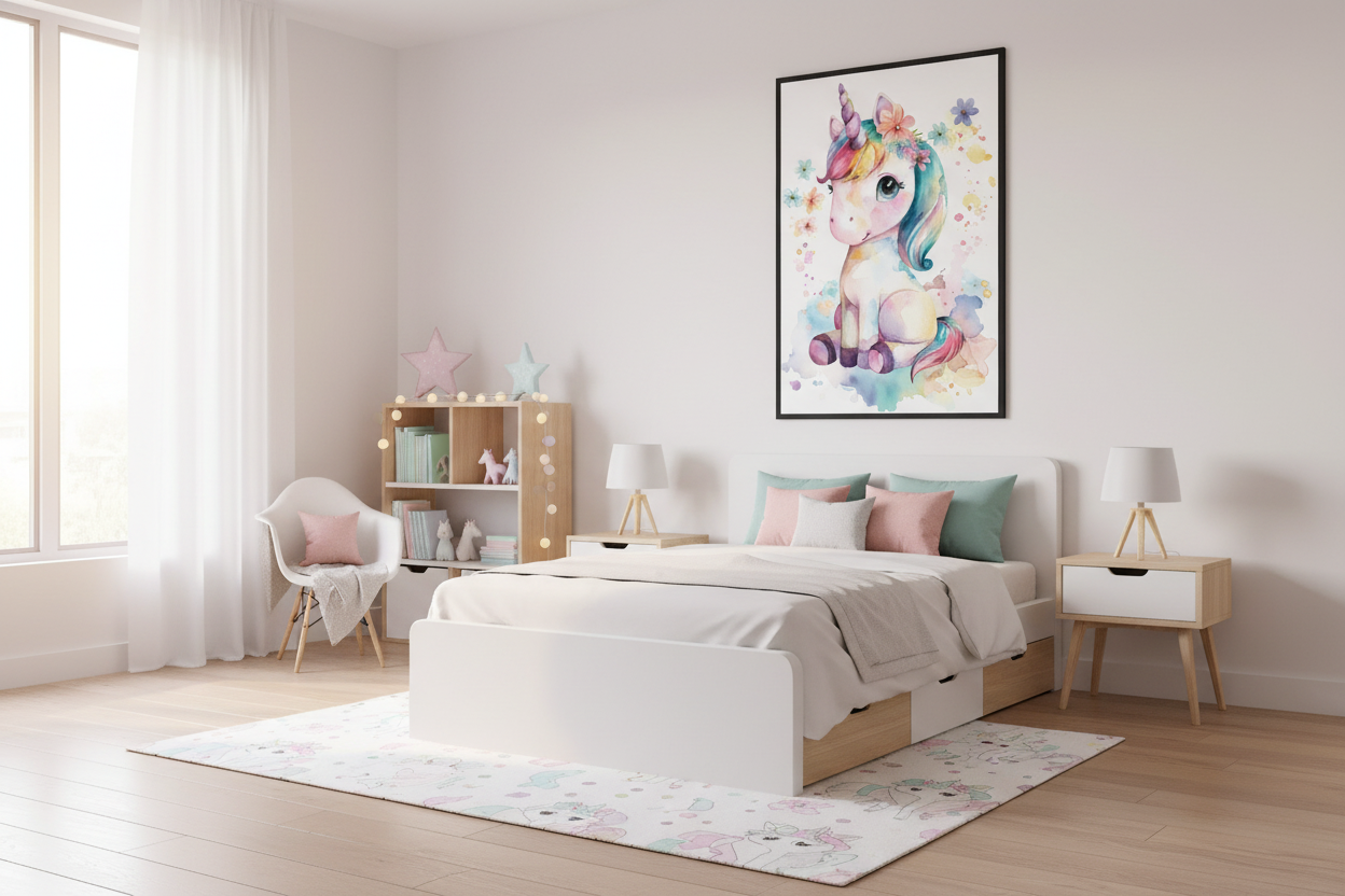 IKEA-stil børneværelse med enhjørning plakat