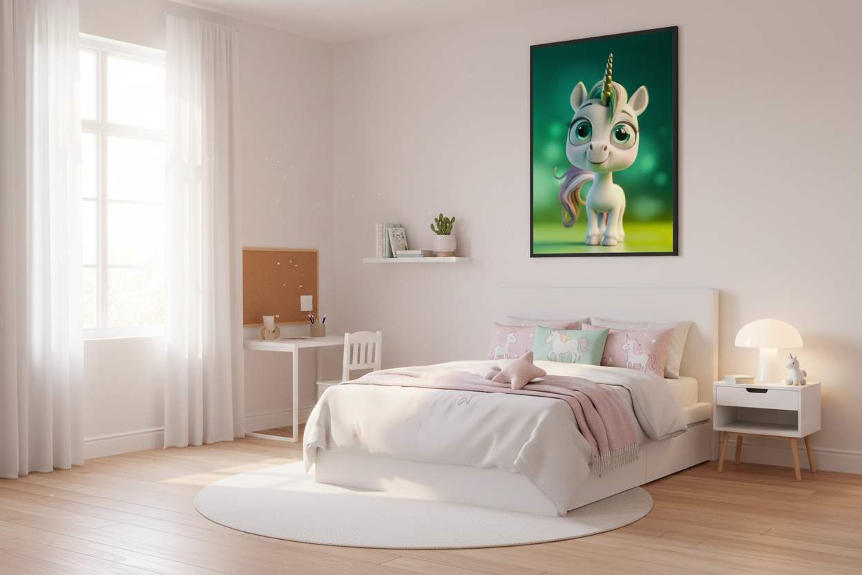 IKEA-stil børneværelse med enhjørning plakat