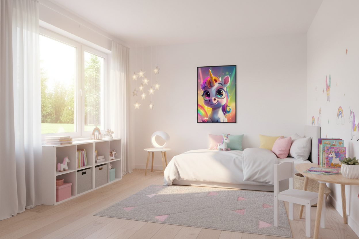 IKEA-stil børneværelse med enhjørning plakat