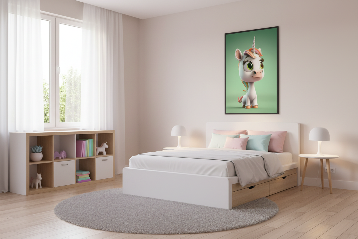 IKEA-stil børneværelse med enhjørning plakat