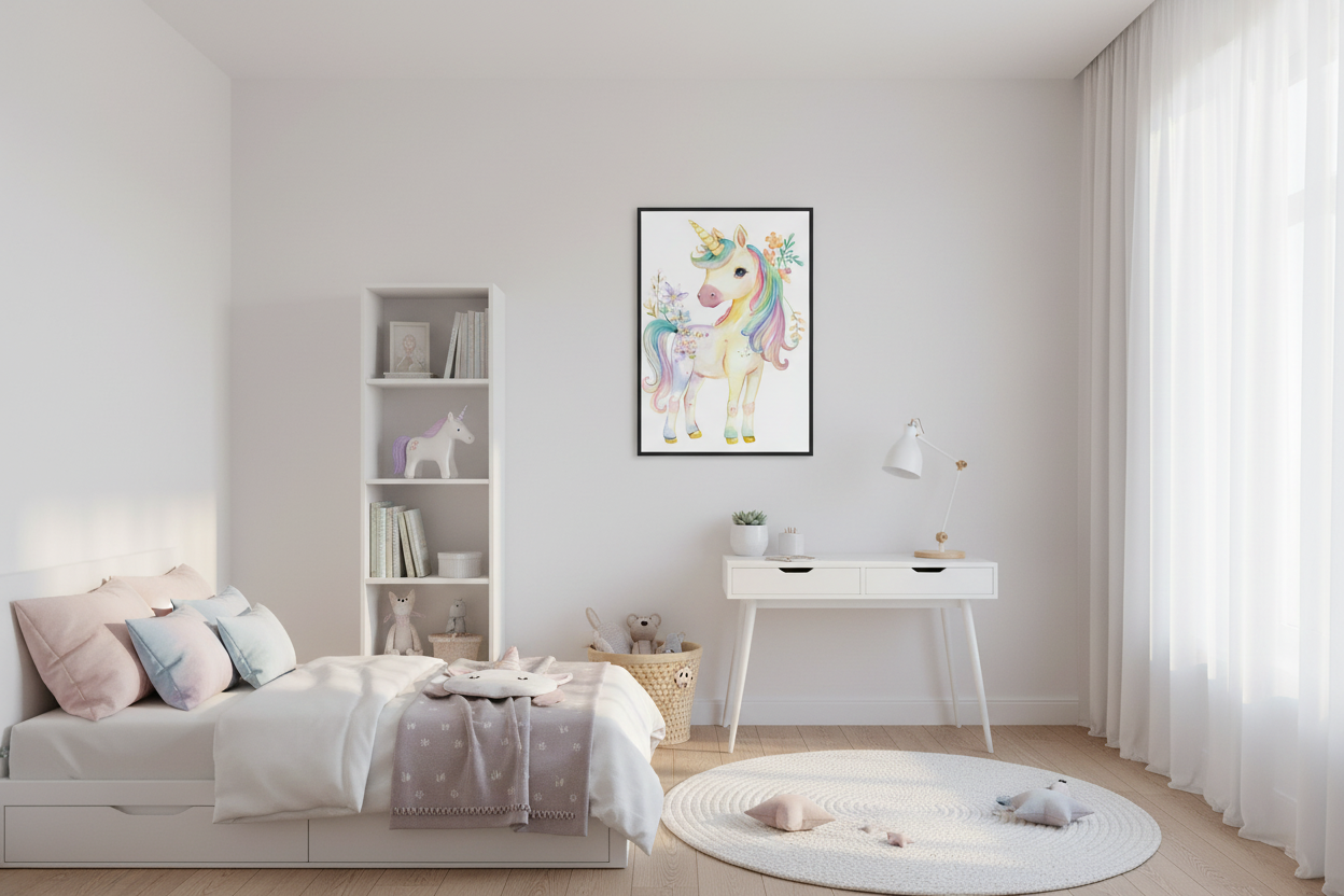 IKEA-stil børneværelse med enhjørning plakat