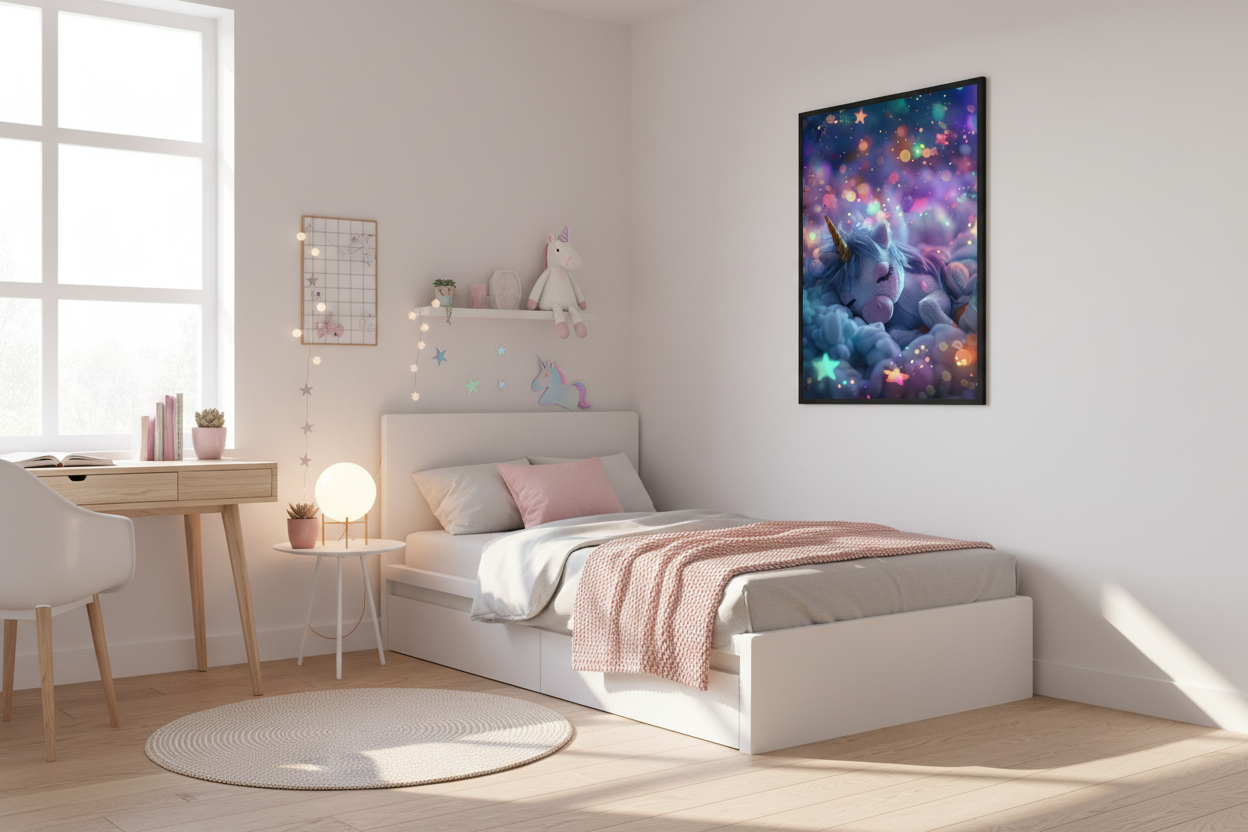 IKEA-stil børneværelse med enhjørning plakat