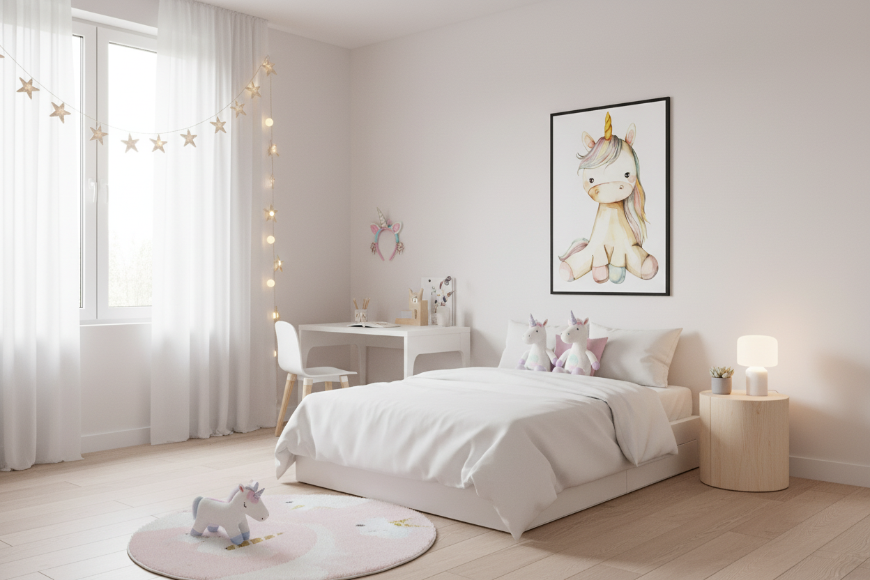 IKEA-stil børneværelse med enhjørning plakat