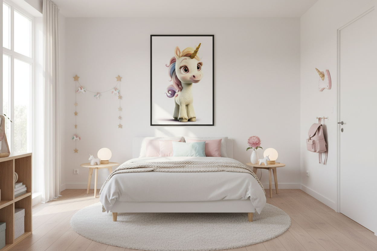 IKEA-stil børneværelse med enhjørning plakat