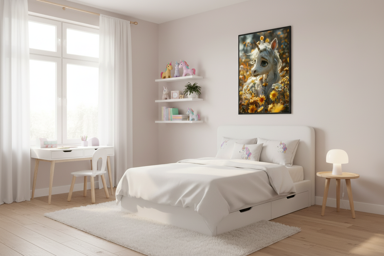 IKEA-stil børneværelse med enhjørning plakat