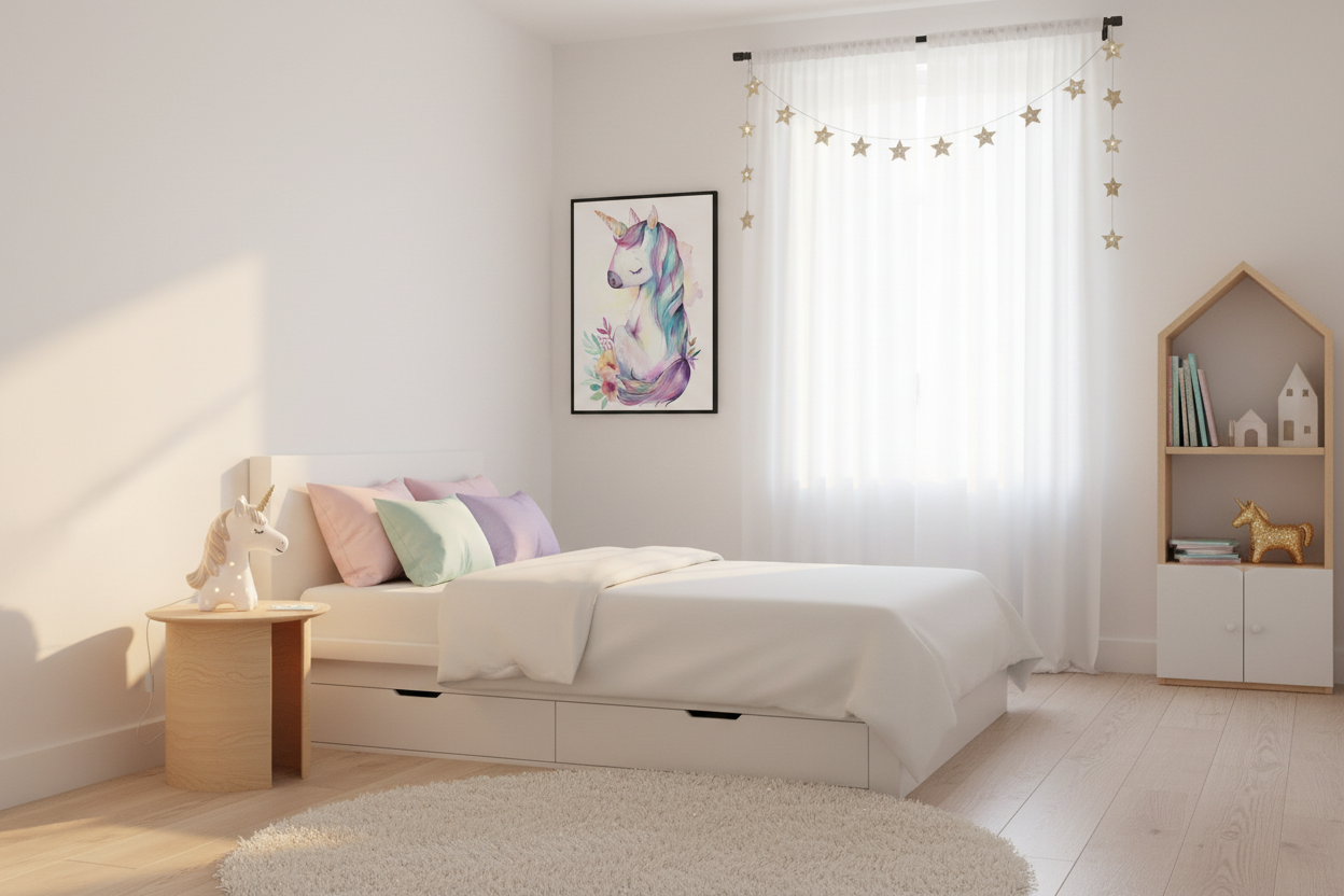 IKEA-stil børneværelse med enhjørning plakat