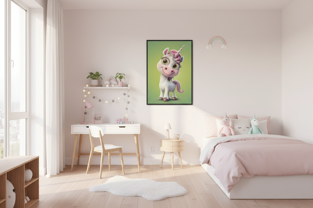 IKEA-stil børneværelse med enhjørning plakat