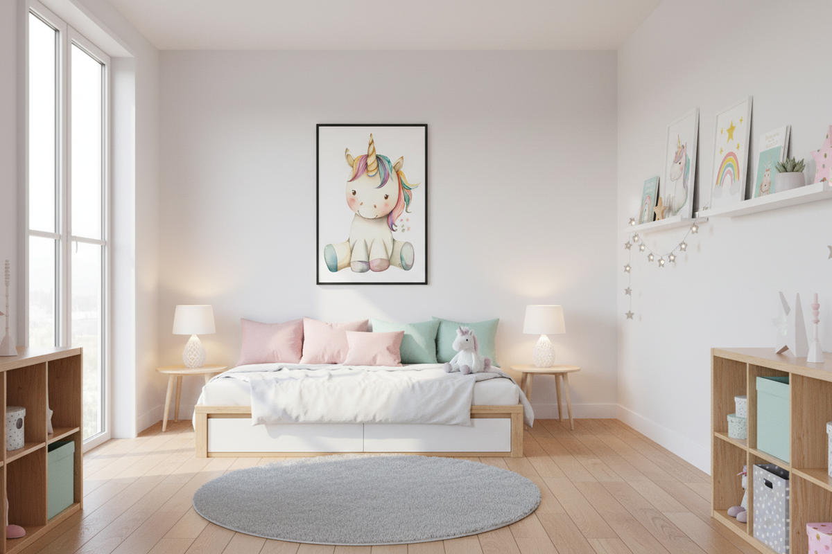 IKEA-stil børneværelse med enhjørning plakat