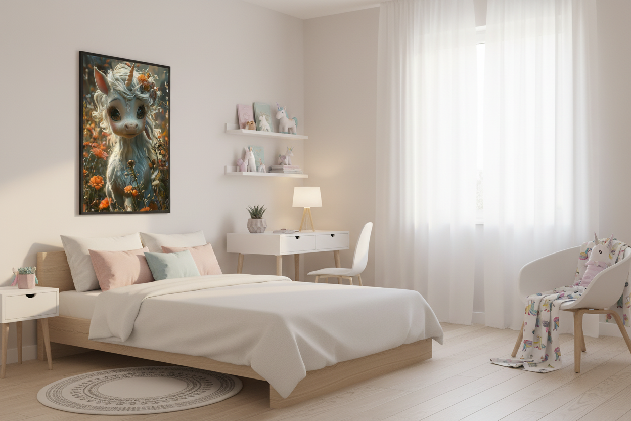 IKEA-stil børneværelse med enhjørning plakat