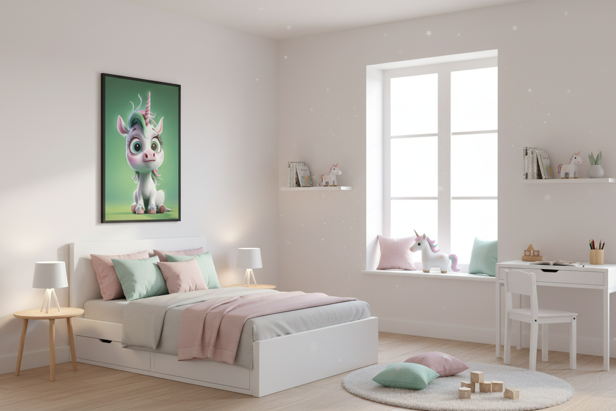 IKEA-stil børneværelse med enhjørning plakat