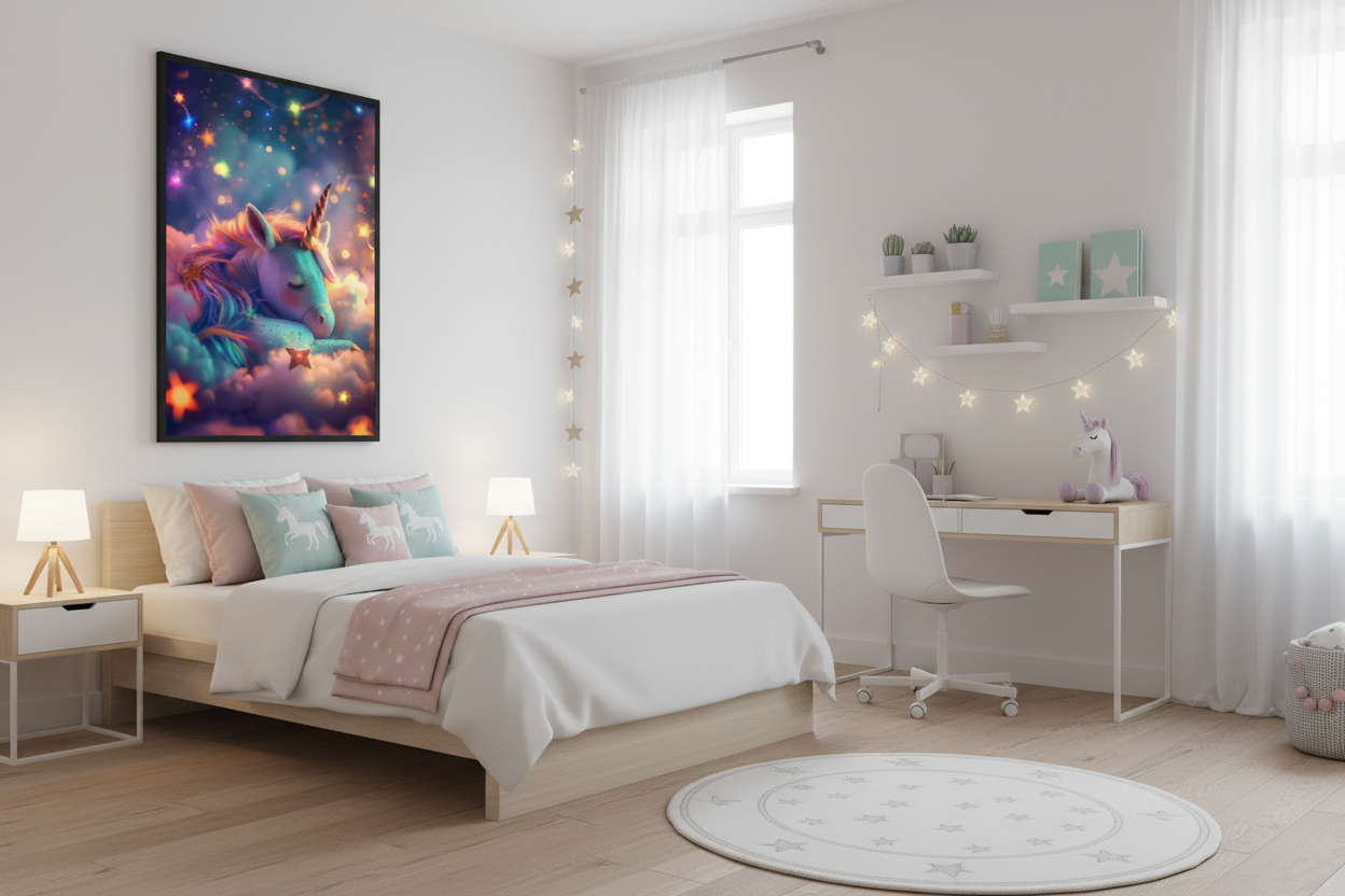 IKEA-stil børneværelse med enhjørning plakat