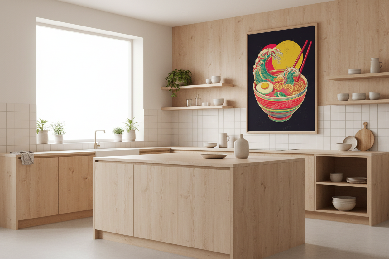 Japandi køkken med japansk plakat
