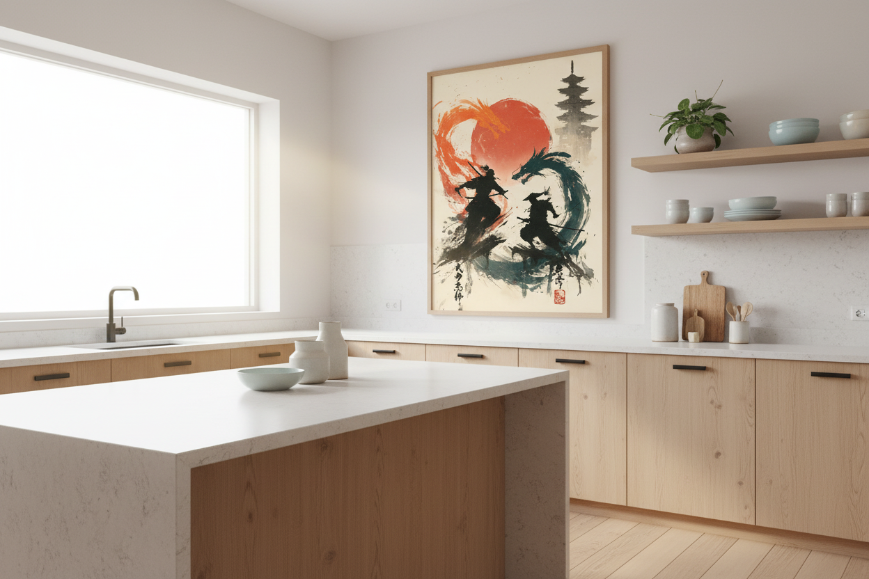 Japandi køkken med japansk plakat