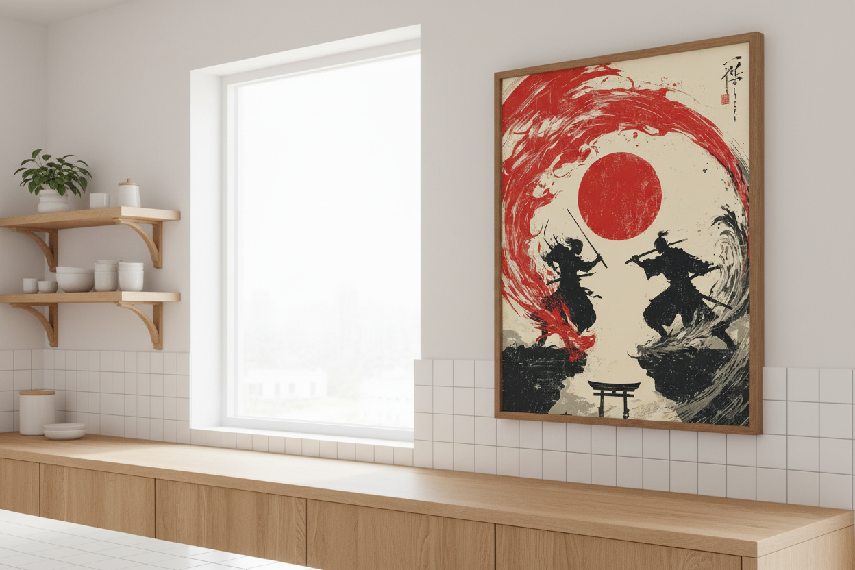Japandi køkken med japansk plakat